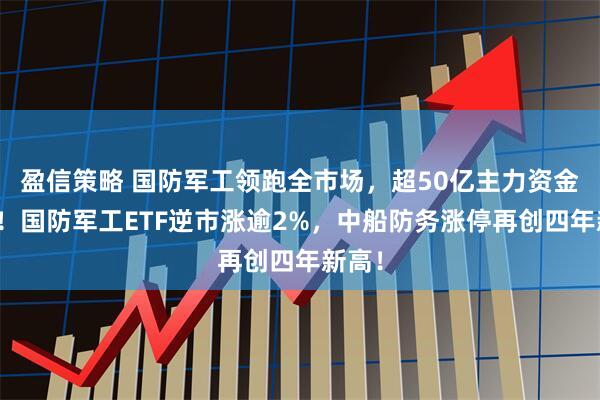 盈信策略 国防军工领跑全市场，超50亿主力资金涌入！国防军工ETF逆市涨逾2%，中船防务涨停再创四年新高！